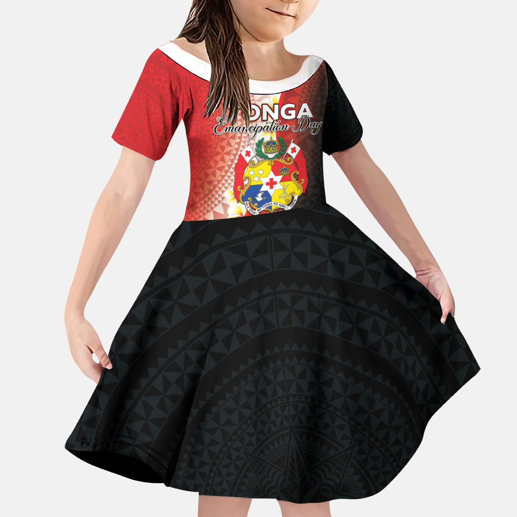 Personalised Tonga Emancipation Day Family Matching Tank Maxi Dress and Hawaiian Shirt Tongan Ngatu Pattern With Plumeria LT05 Daughter's Dress Red - Polynesian Pride