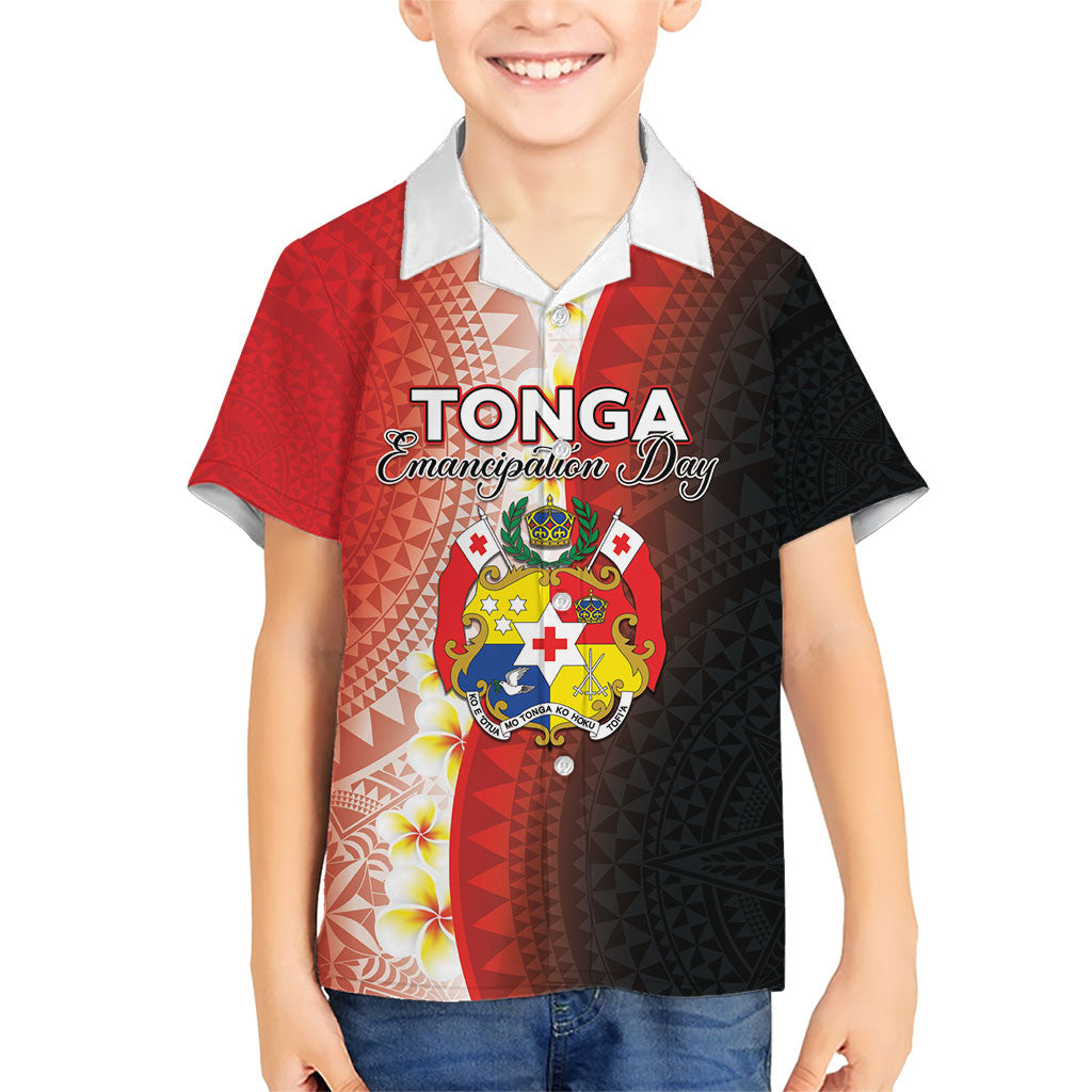 Personalised Tonga Emancipation Day Family Matching Tank Maxi Dress and Hawaiian Shirt Tongan Ngatu Pattern With Plumeria LT05 Son's Shirt Red - Polynesian Pride