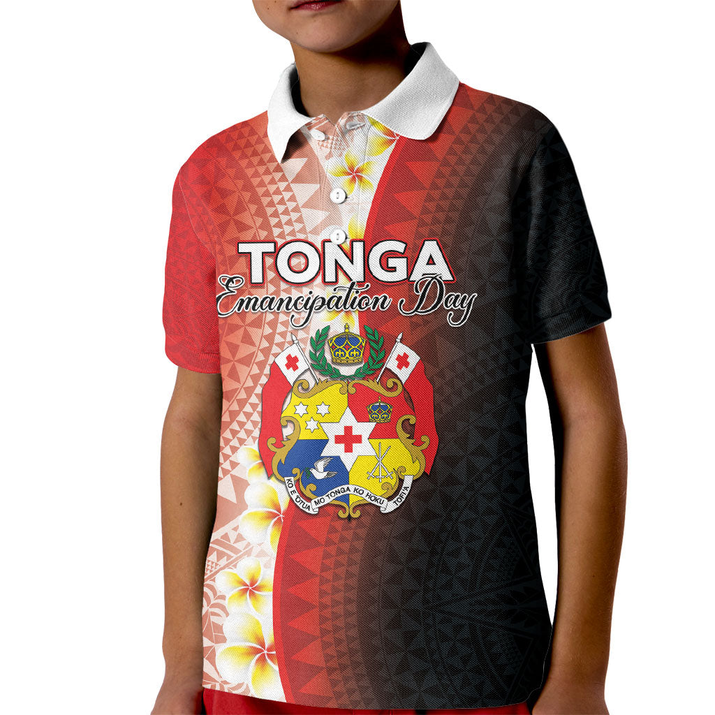 Personalised Tonga Emancipation Day Kid Polo Shirt Tongan Ngatu Pattern With Plumeria