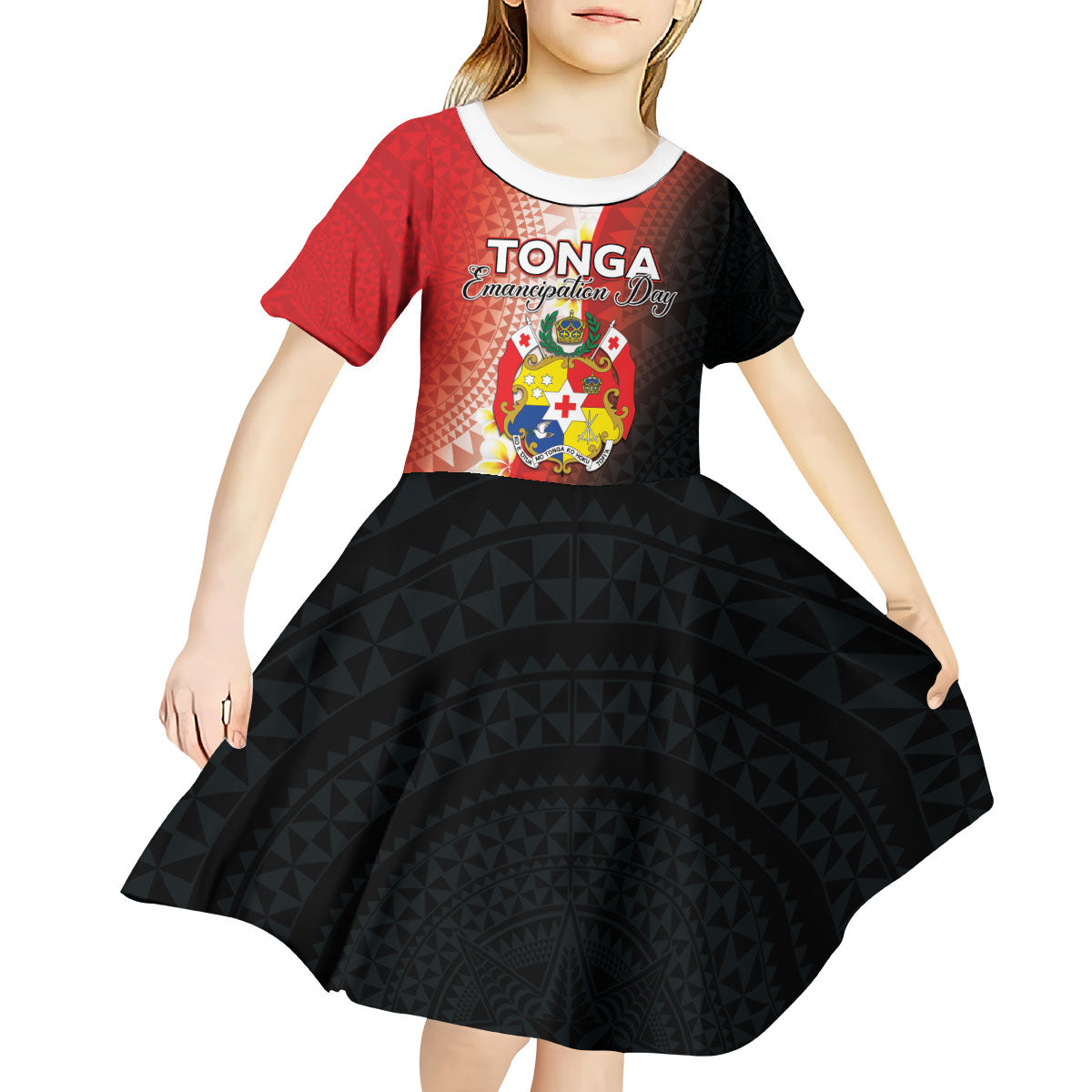 Personalised Tonga Emancipation Day Kid Short Sleeve Dress Tongan Ngatu Pattern With Plumeria