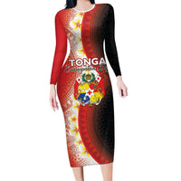 Personalised Tonga Emancipation Day Long Sleeve Bodycon Dress Tongan Ngatu Pattern With Plumeria
