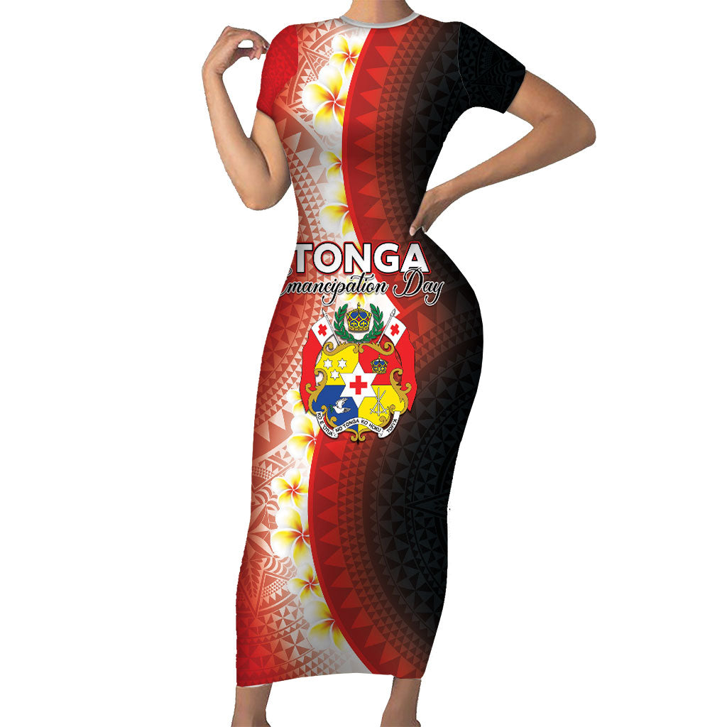 Personalised Tonga Emancipation Day Short Sleeve Bodycon Dress Tongan Ngatu Pattern With Plumeria