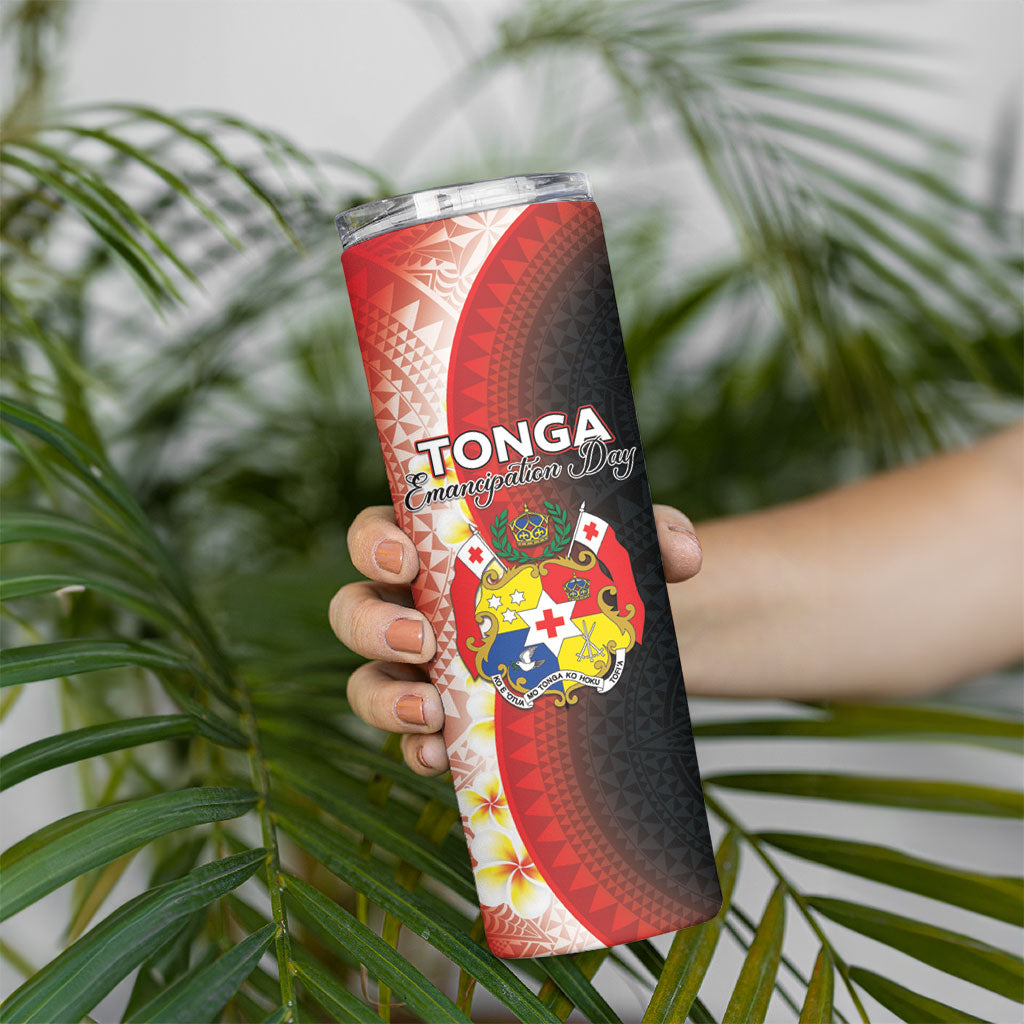 Personalised Tonga Emancipation Day Skinny Tumbler Tongan Ngatu Pattern With Plumeria