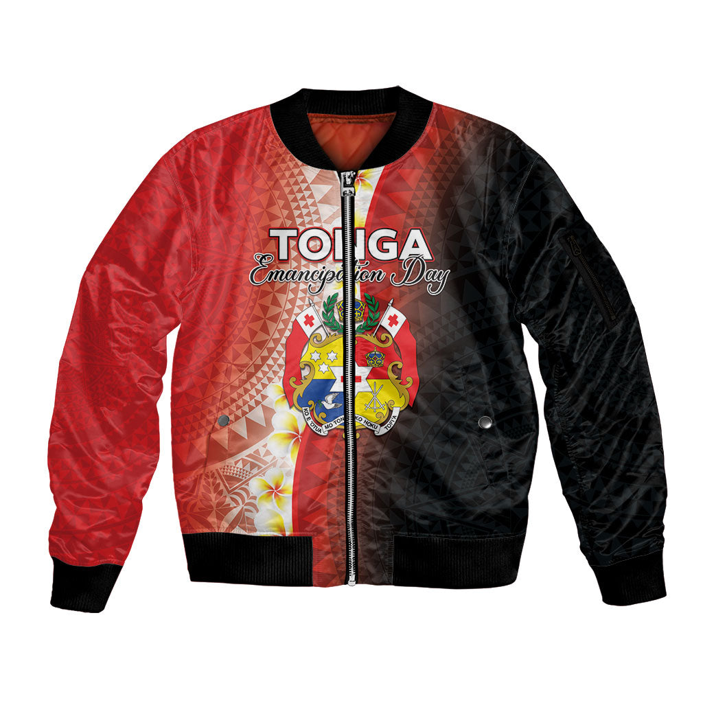 Personalised Tonga Emancipation Day Sleeve Zip Bomber Jacket Tongan Ngatu Pattern With Plumeria
