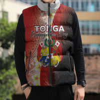 Personalised Tonga Emancipation Day Sleeveless Puffer Jacket Tongan Ngatu Pattern With Plumeria