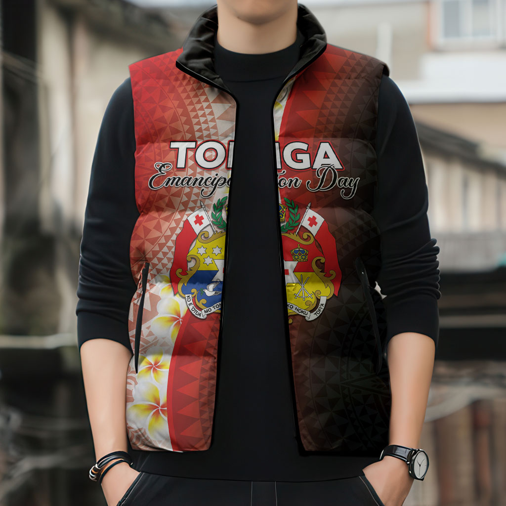 Personalised Tonga Emancipation Day Sleeveless Puffer Jacket Tongan Ngatu Pattern With Plumeria