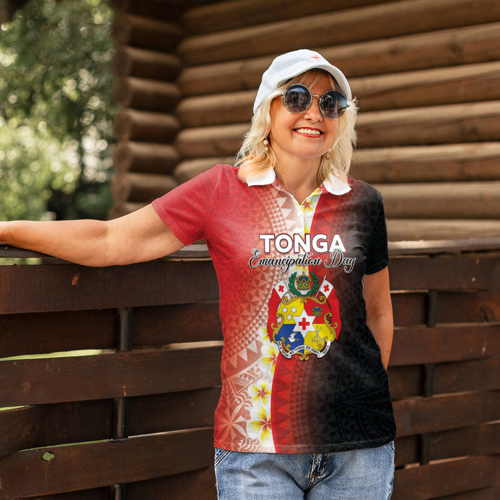 Personalised Tonga Emancipation Day Women Polo Shirt Tongan Ngatu Pattern With Plumeria