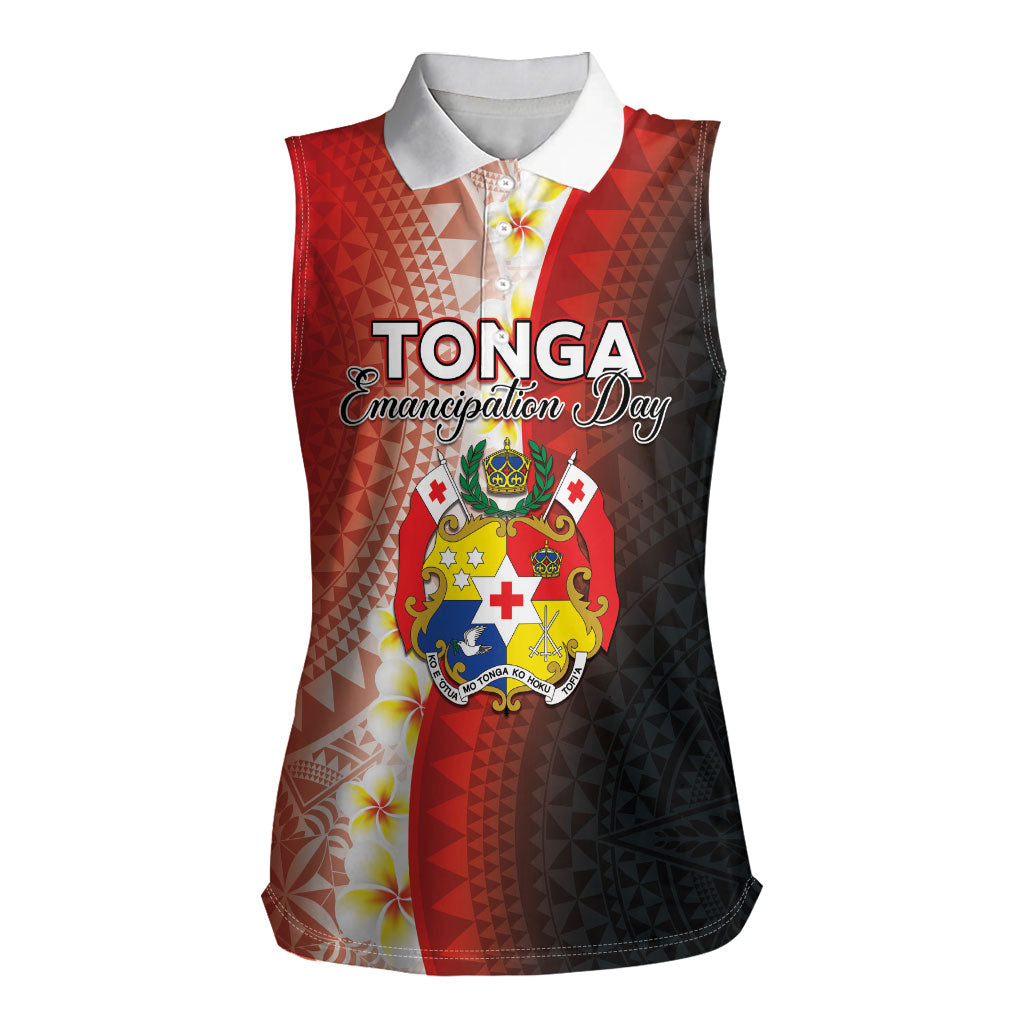 Personalised Tonga Emancipation Day Women Sleeveless Polo Shirt Tongan Ngatu Pattern With Plumeria