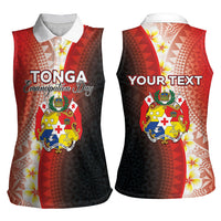 Personalised Tonga Emancipation Day Women Sleeveless Polo Shirt Tongan Ngatu Pattern With Plumeria