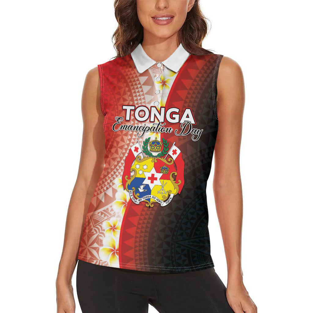 Personalised Tonga Emancipation Day Women Sleeveless Polo Shirt Tongan Ngatu Pattern With Plumeria