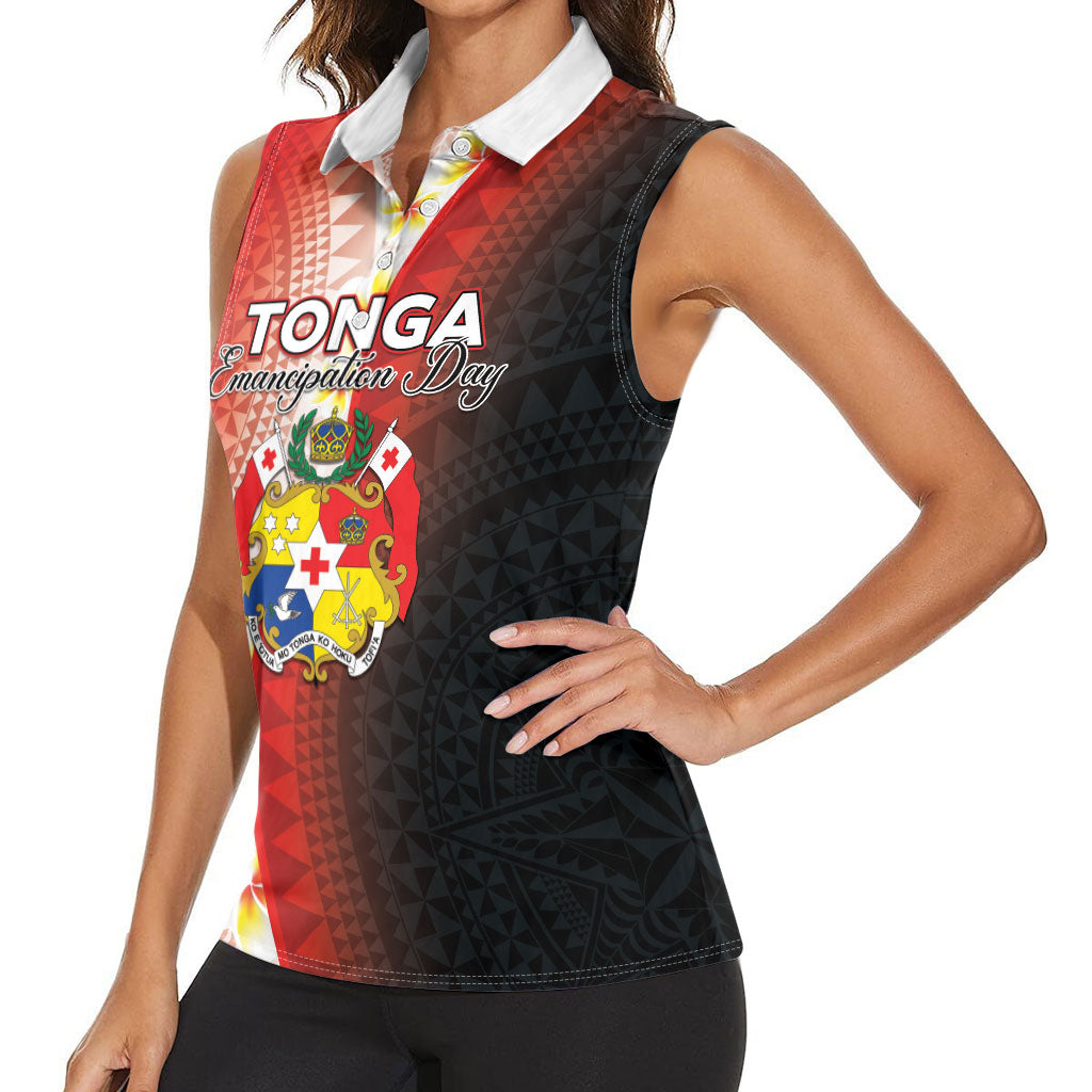 Personalised Tonga Emancipation Day Women Sleeveless Polo Shirt Tongan Ngatu Pattern With Plumeria