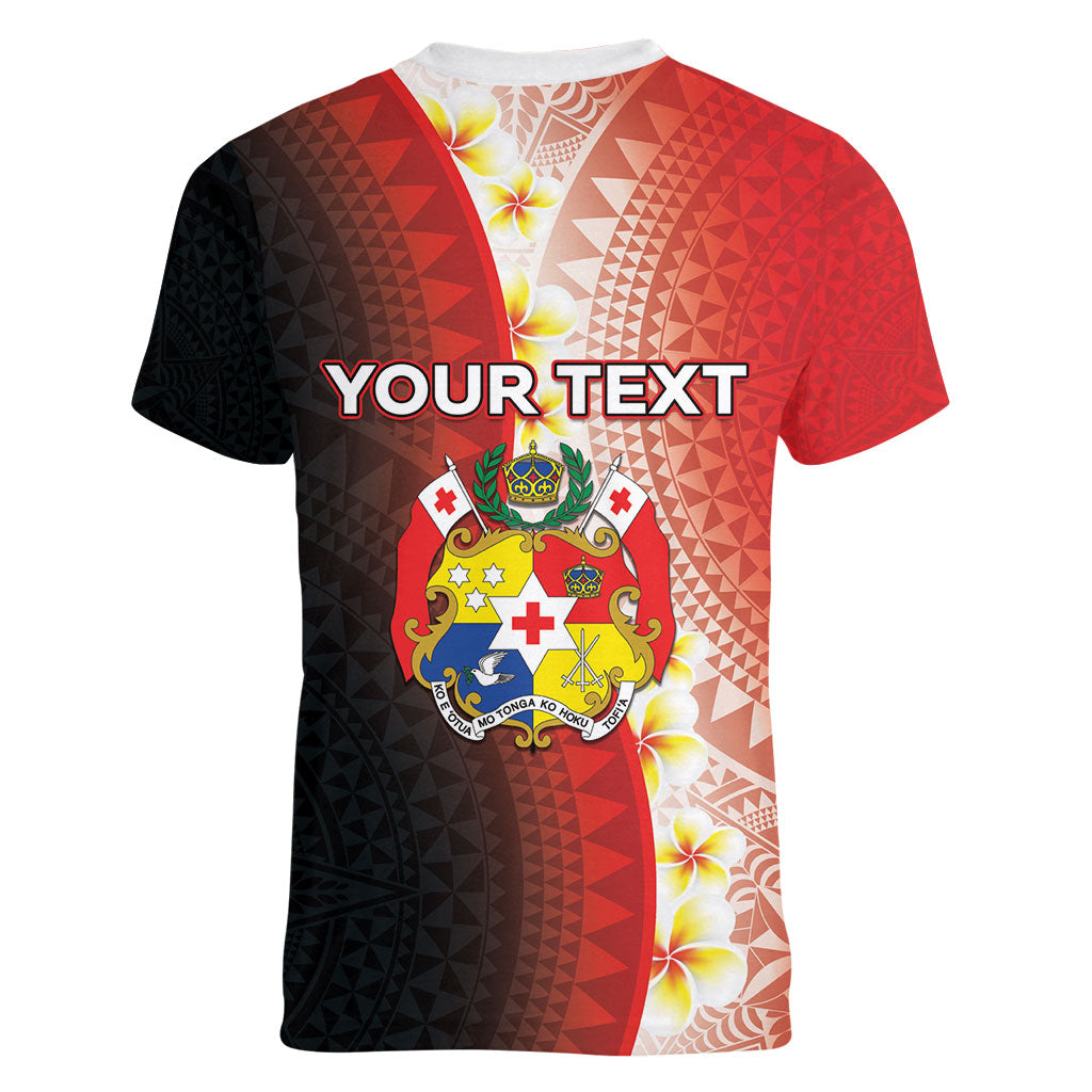Personalised Tonga Emancipation Day Women V-Neck T-Shirt Tongan Ngatu Pattern With Plumeria