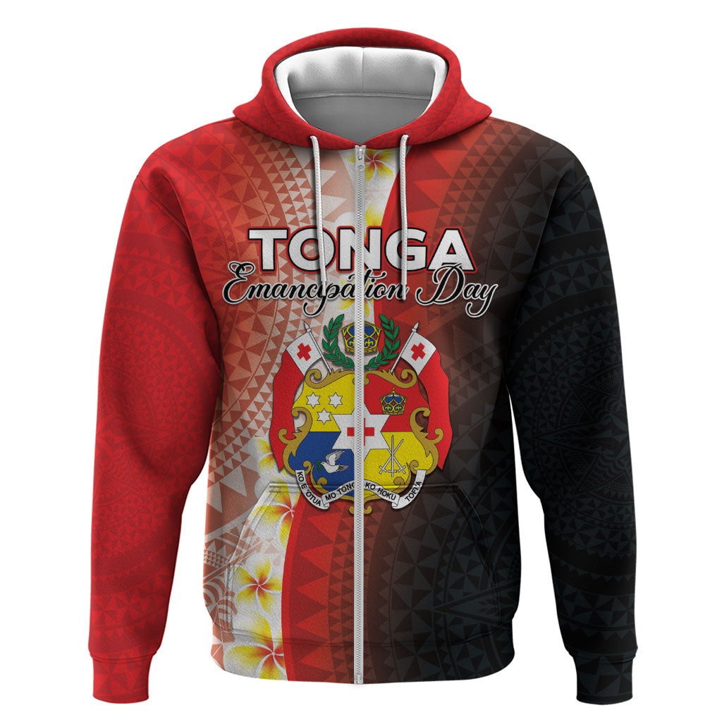 Personalised Tonga Emancipation Day Zip Hoodie Tongan Ngatu Pattern With Plumeria