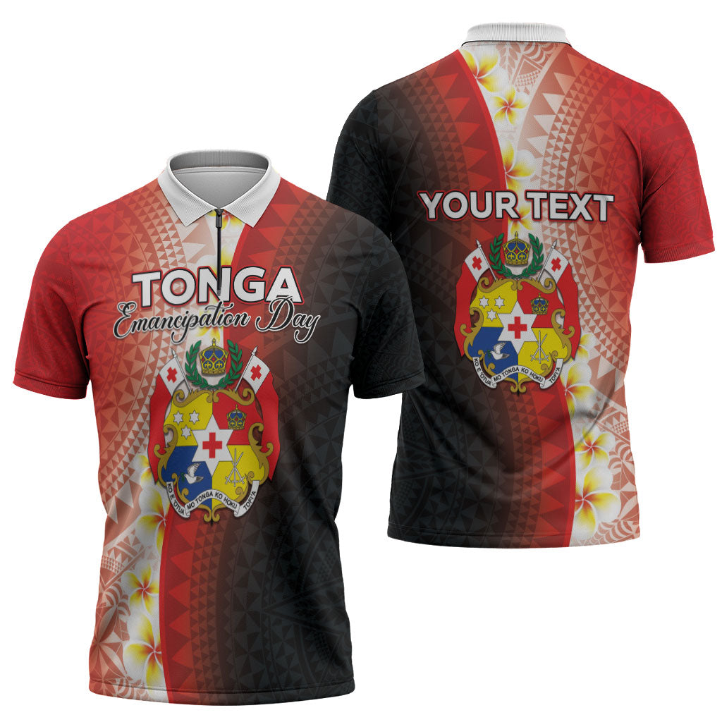 Personalised Tonga Emancipation Day Zipper Polo Shirt Tongan Ngatu Pattern With Plumeria