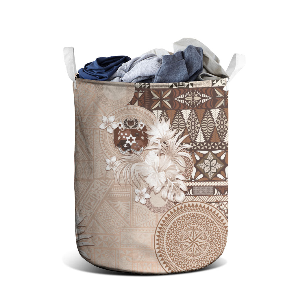 Tonga Ngatu Motifs Laundry Basket With Coat Of Arms Beige