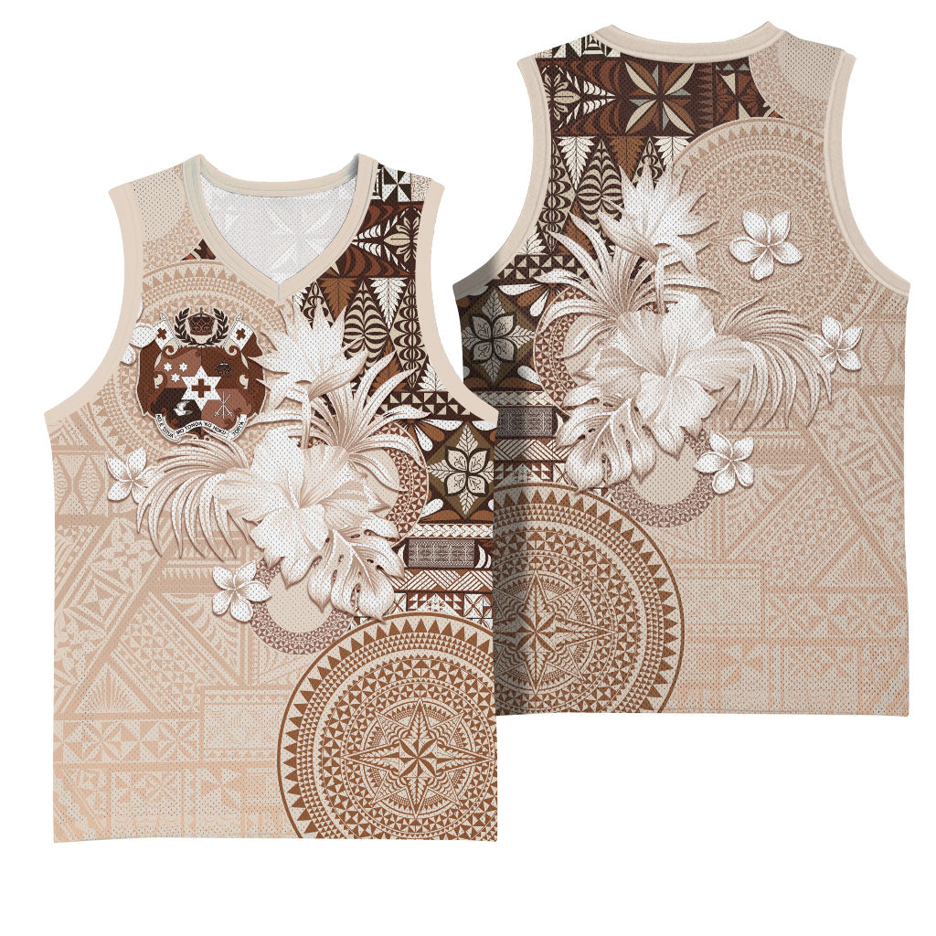 Tonga Ngatu Motifs Basketball Jersey With Coat Of Arms Beige