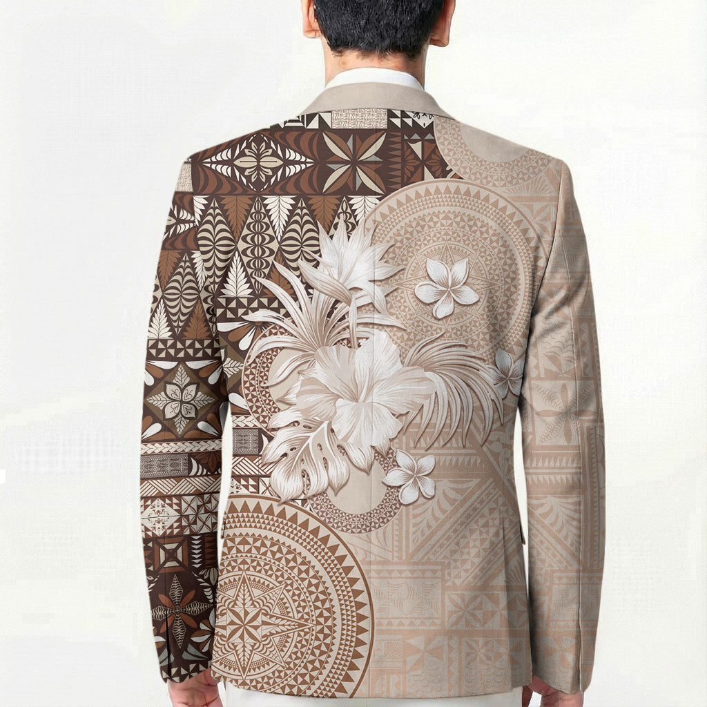 Tonga Ngatu Motifs Blazer With Coat Of Arms Beige