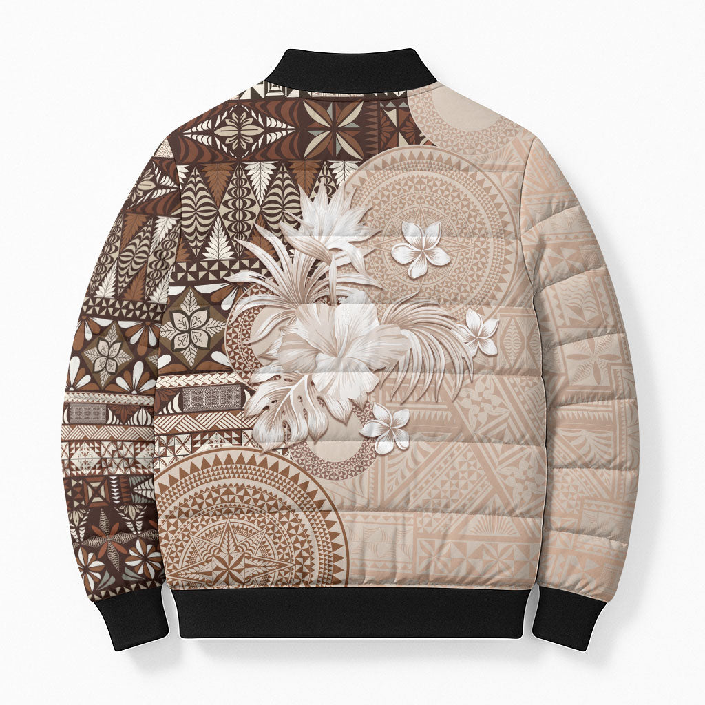 Tonga Ngatu Motifs Bomber Puffer Jacket With Coat Of Arms Beige