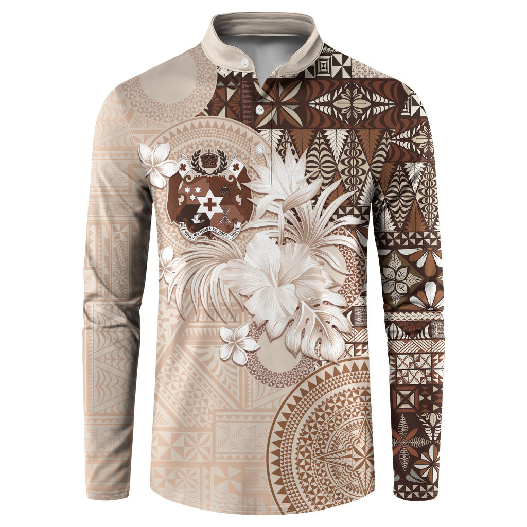 Tonga Ngatu Motifs Button Sweatshirt With Coat Of Arms Beige