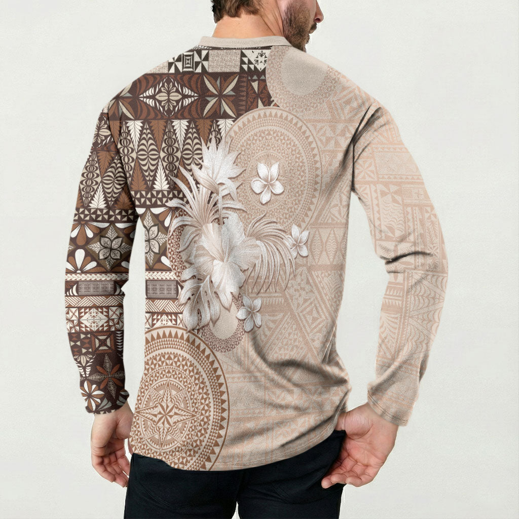 Tonga Ngatu Motifs Button Sweatshirt With Coat Of Arms Beige