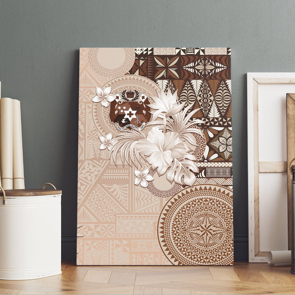 Tonga Ngatu Motifs Canvas Wall Art With Coat Of Arms Beige
