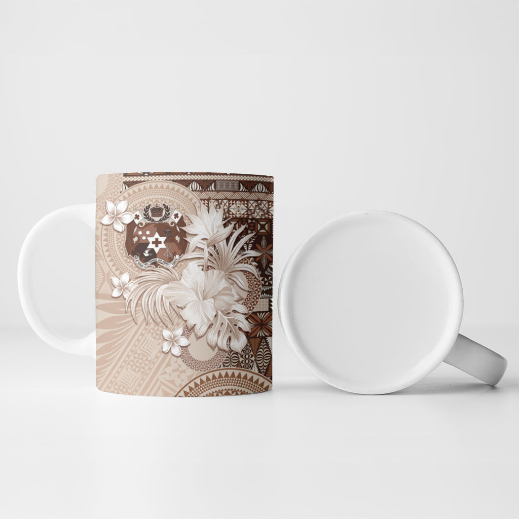 Tonga Ngatu Motifs Ceramic Mug With Coat Of Arms Beige