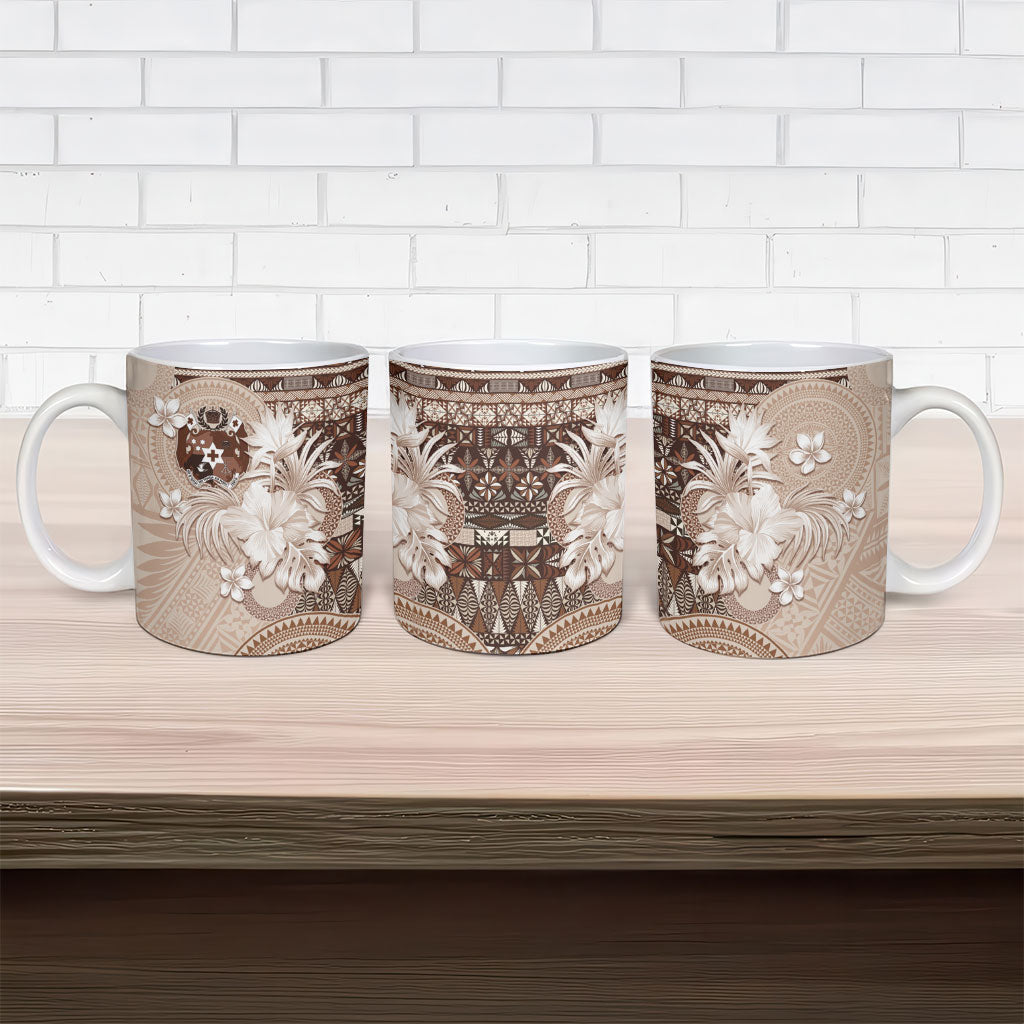 Tonga Ngatu Motifs Ceramic Mug With Coat Of Arms Beige