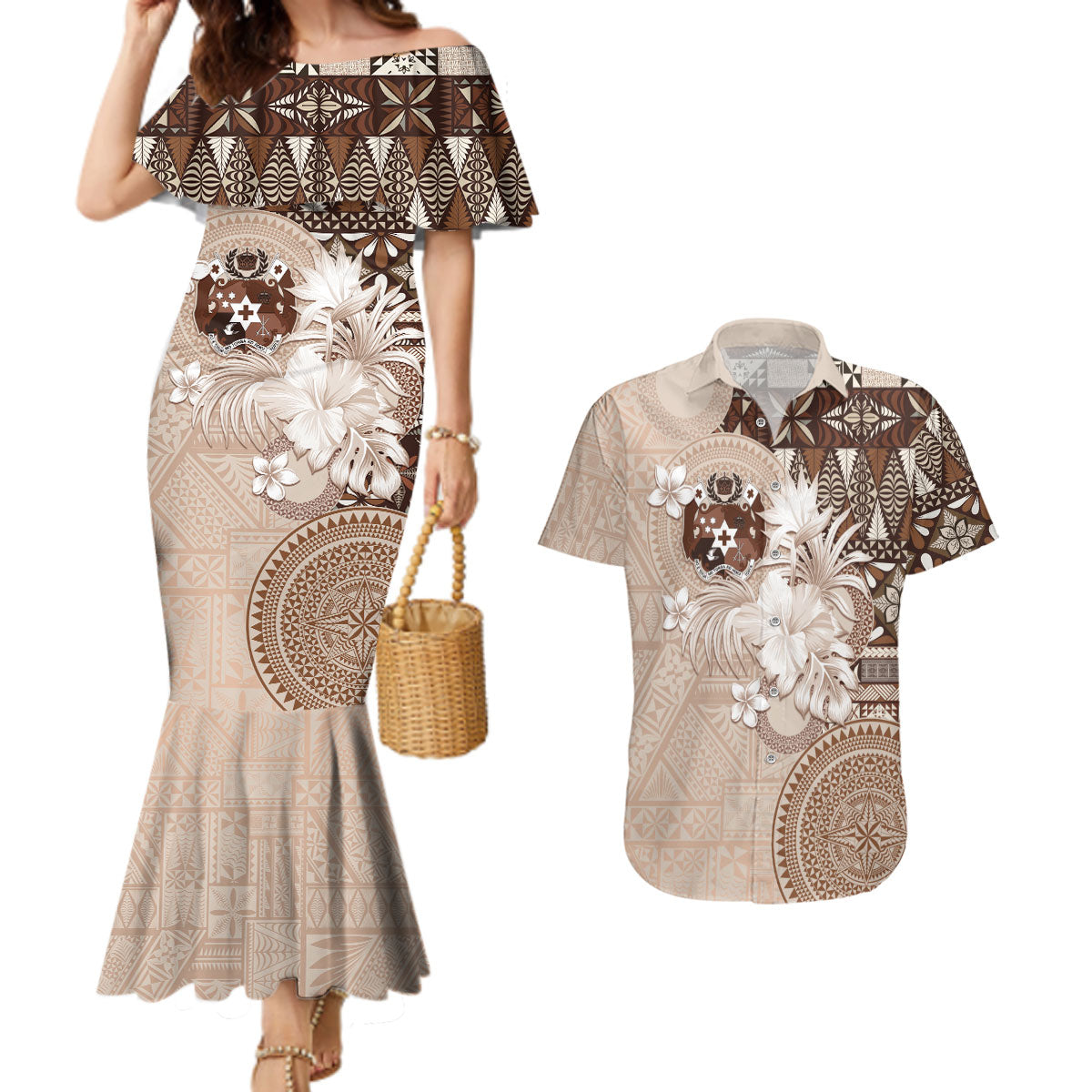 Tonga Ngatu Motifs Couples Matching Mermaid Dress and Hawaiian Shirt With Coat Of Arms Beige LT05 Beige - Polynesian Pride