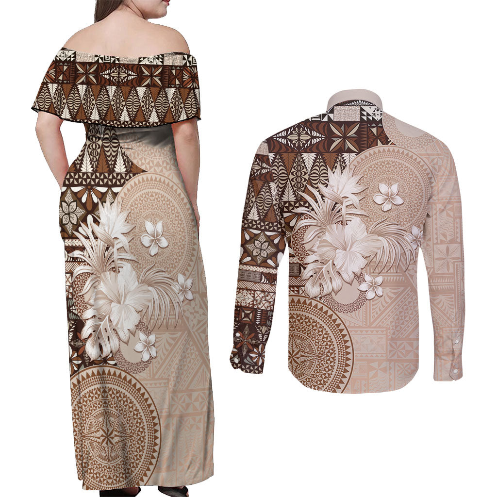 Tonga Ngatu Motifs Couples Matching Off Shoulder Maxi Dress and Long Sleeve Button Shirt With Coat Of Arms Beige