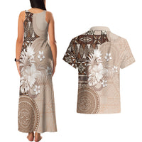 Tonga Ngatu Motifs Couples Matching Tank Maxi Dress and Hawaiian Shirt With Coat Of Arms Beige LT05 - Polynesian Pride