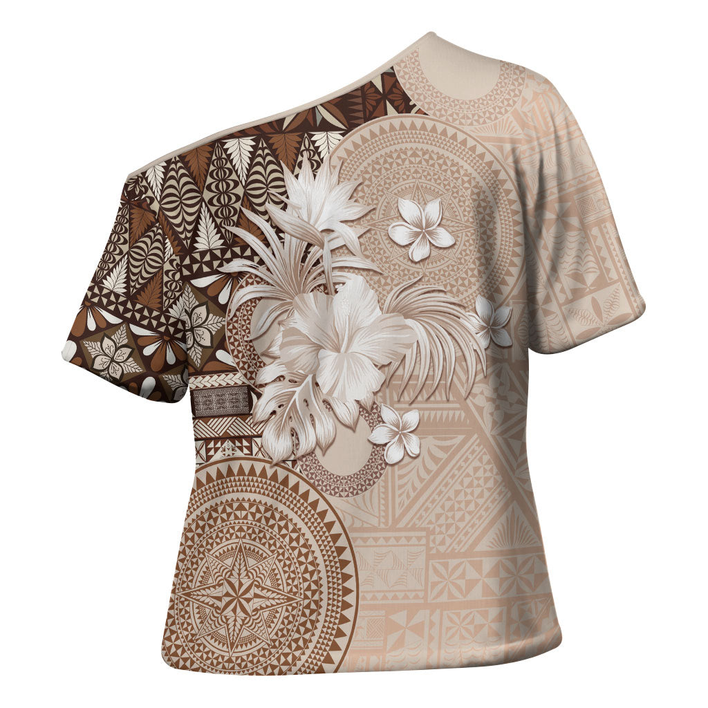 Tonga Ngatu Motifs Cross Shoulder Shirt With Coat Of Arms Beige