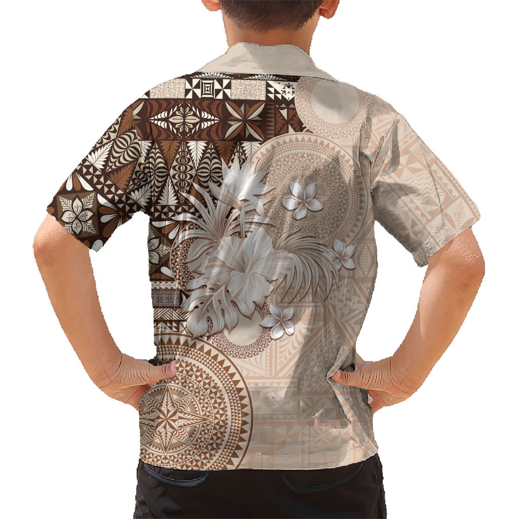 Tonga Ngatu Motifs Family Matching Long Sleeve Bodycon Dress and Hawaiian Shirt With Coat Of Arms Beige LT05 - Polynesian Pride