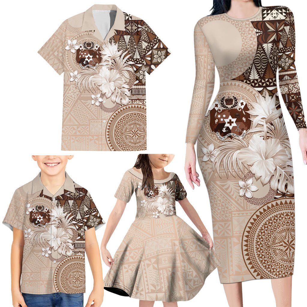 Tonga Ngatu Motifs Family Matching Long Sleeve Bodycon Dress and Hawaiian Shirt With Coat Of Arms Beige LT05 - Polynesian Pride