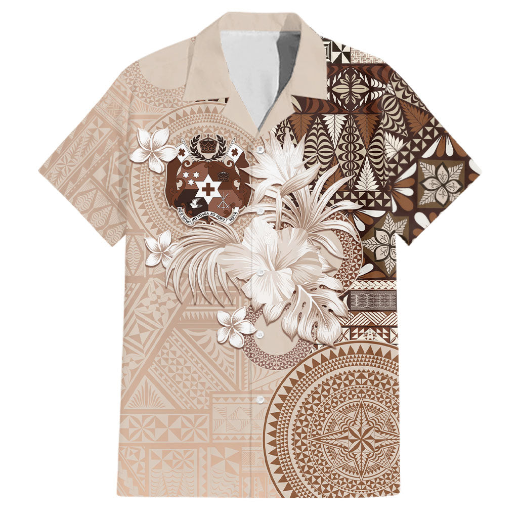 Tonga Ngatu Motifs Family Matching Long Sleeve Bodycon Dress and Hawaiian Shirt With Coat Of Arms Beige LT05 Dad's Shirt - Short Sleeve Beige - Polynesian Pride
