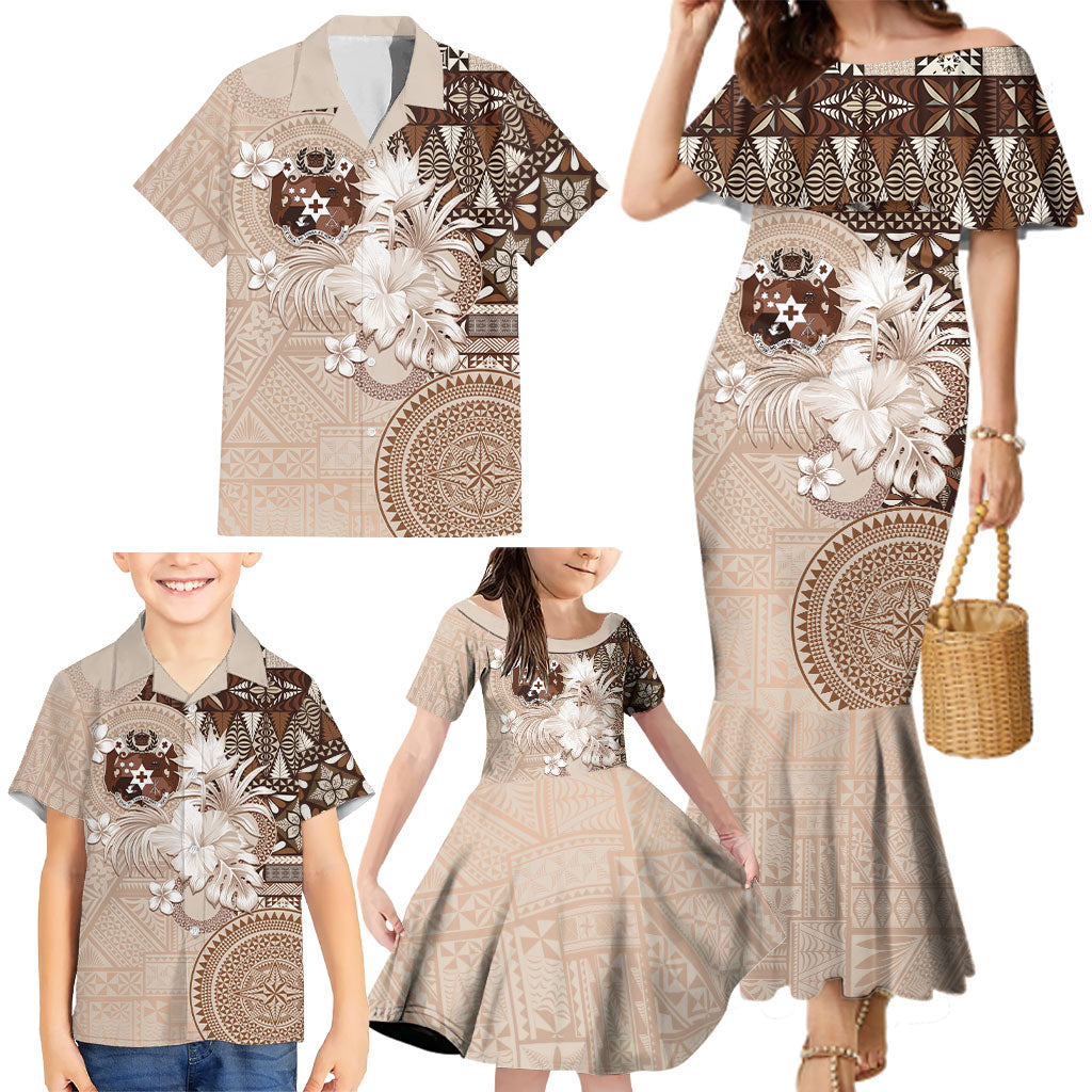 Tonga Ngatu Motifs Family Matching Mermaid Dress and Hawaiian Shirt With Coat Of Arms Beige