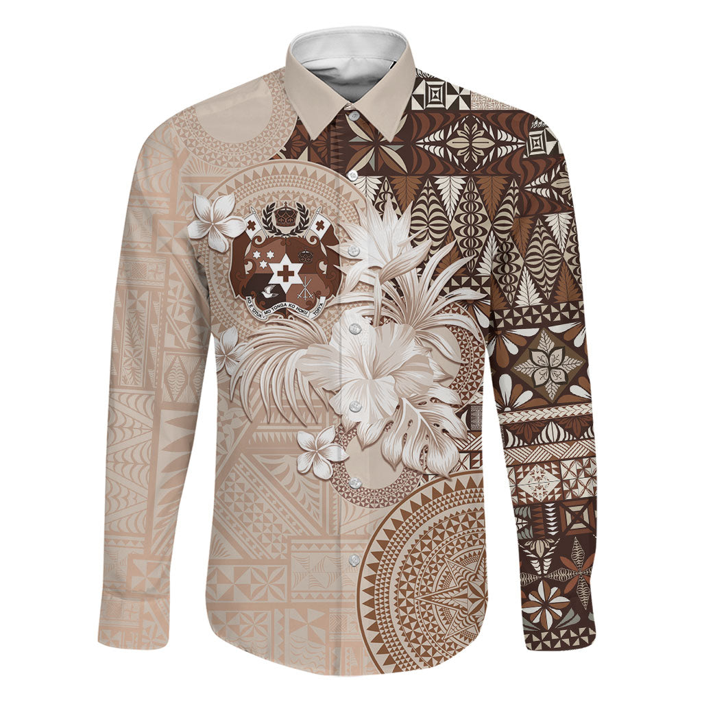 Tonga Ngatu Motifs Family Matching Off The Shoulder Long Sleeve Dress and Hawaiian Shirt With Coat Of Arms Beige LT05 Dad's Shirt - Long Sleeve Beige - Polynesian Pride