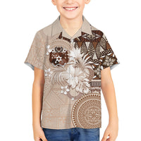 Tonga Ngatu Motifs Family Matching Off The Shoulder Long Sleeve Dress and Hawaiian Shirt With Coat Of Arms Beige LT05 Son's Shirt Beige - Polynesian Pride