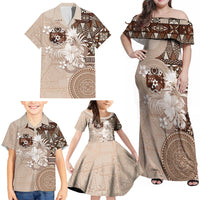 Tonga Ngatu Motifs Family Matching Off Shoulder Maxi Dress and Hawaiian Shirt With Coat Of Arms Beige LT05 - Polynesian Pride