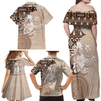 Tonga Ngatu Motifs Family Matching Off Shoulder Maxi Dress and Hawaiian Shirt With Coat Of Arms Beige LT05 - Polynesian Pride