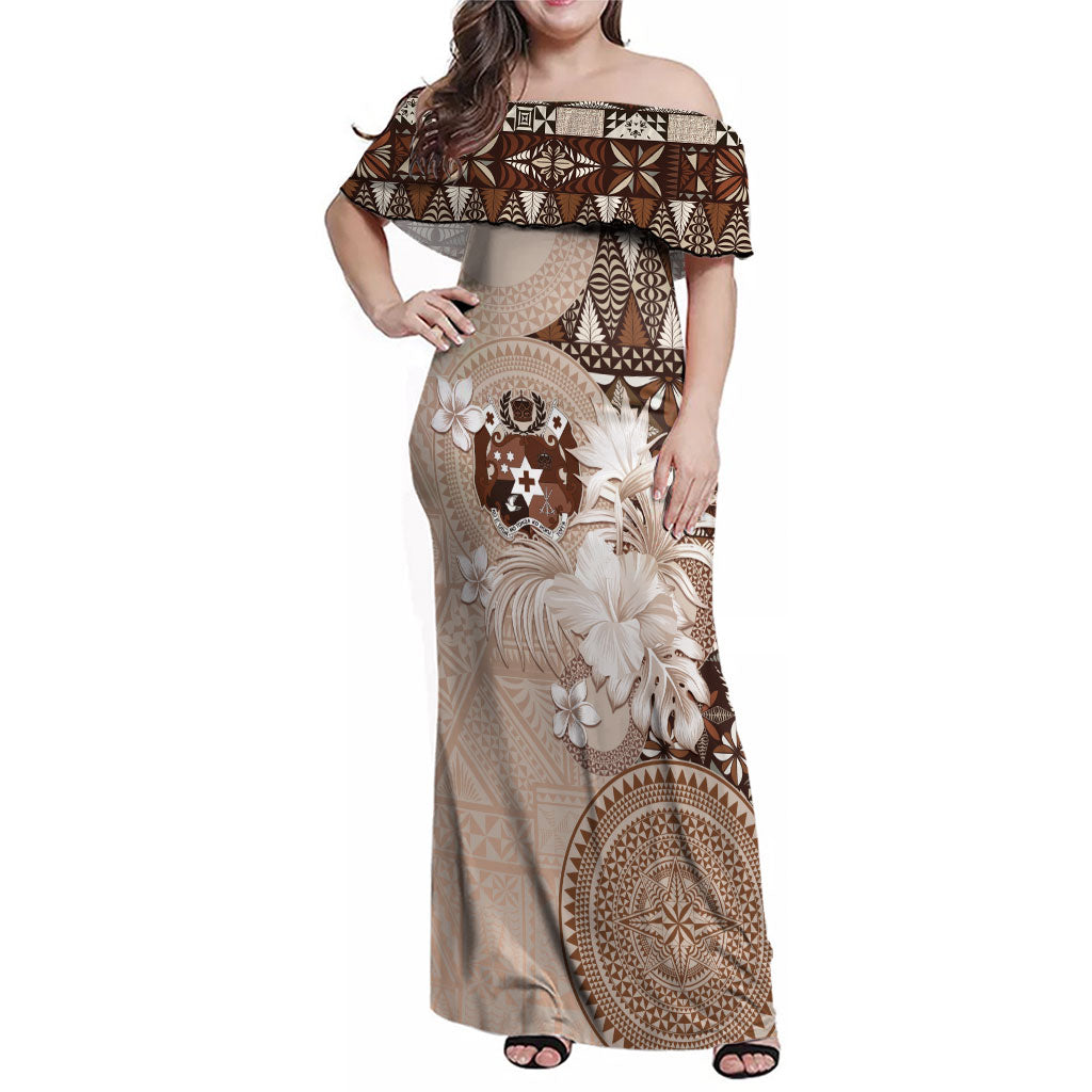 Tonga Ngatu Motifs Family Matching Off Shoulder Maxi Dress and Hawaiian Shirt With Coat Of Arms Beige LT05 Mom's Dress Beige - Polynesian Pride
