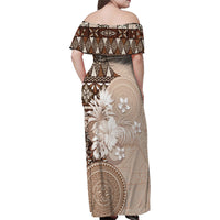 Tonga Ngatu Motifs Family Matching Off Shoulder Maxi Dress and Hawaiian Shirt With Coat Of Arms Beige LT05 - Polynesian Pride