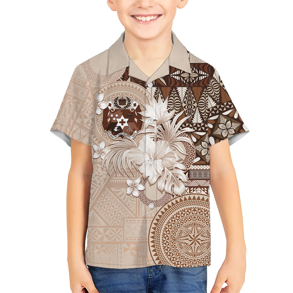 Tonga Ngatu Motifs Family Matching Off Shoulder Short Dress and Hawaiian Shirt With Coat Of Arms Beige LT05 Son's Shirt Beige - Polynesian Pride