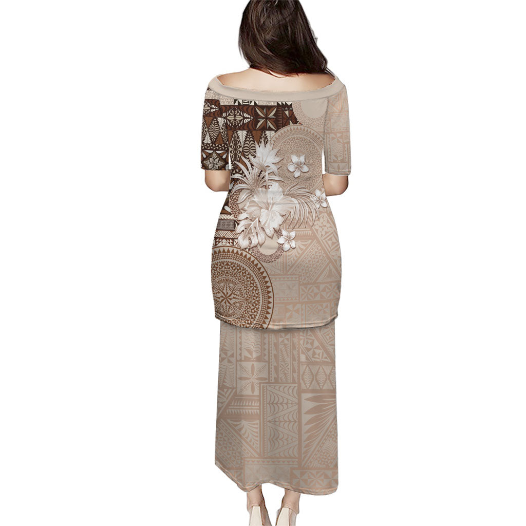 Tonga Ngatu Motifs Family Matching Puletasi and Hawaiian Shirt With Coat Of Arms Beige LT05 - Polynesian Pride
