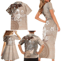 Tonga Ngatu Motifs Family Matching Short Sleeve Bodycon Dress and Hawaiian Shirt With Coat Of Arms Beige LT05 - Polynesian Pride