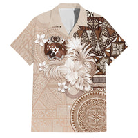 Tonga Ngatu Motifs Family Matching Short Sleeve Bodycon Dress and Hawaiian Shirt With Coat Of Arms Beige LT05 Dad's Shirt - Short Sleeve Beige - Polynesian Pride
