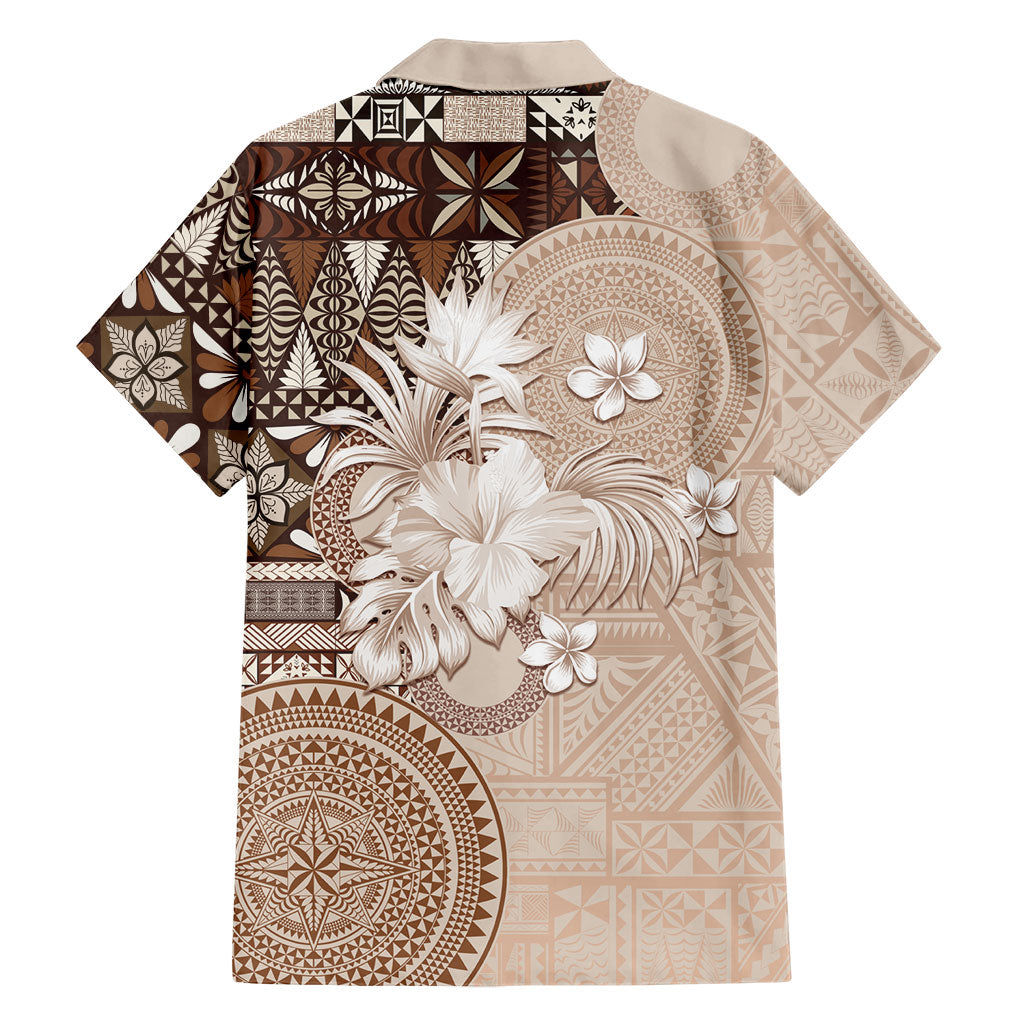 Tonga Ngatu Motifs Family Matching Short Sleeve Bodycon Dress and Hawaiian Shirt With Coat Of Arms Beige LT05 - Polynesian Pride