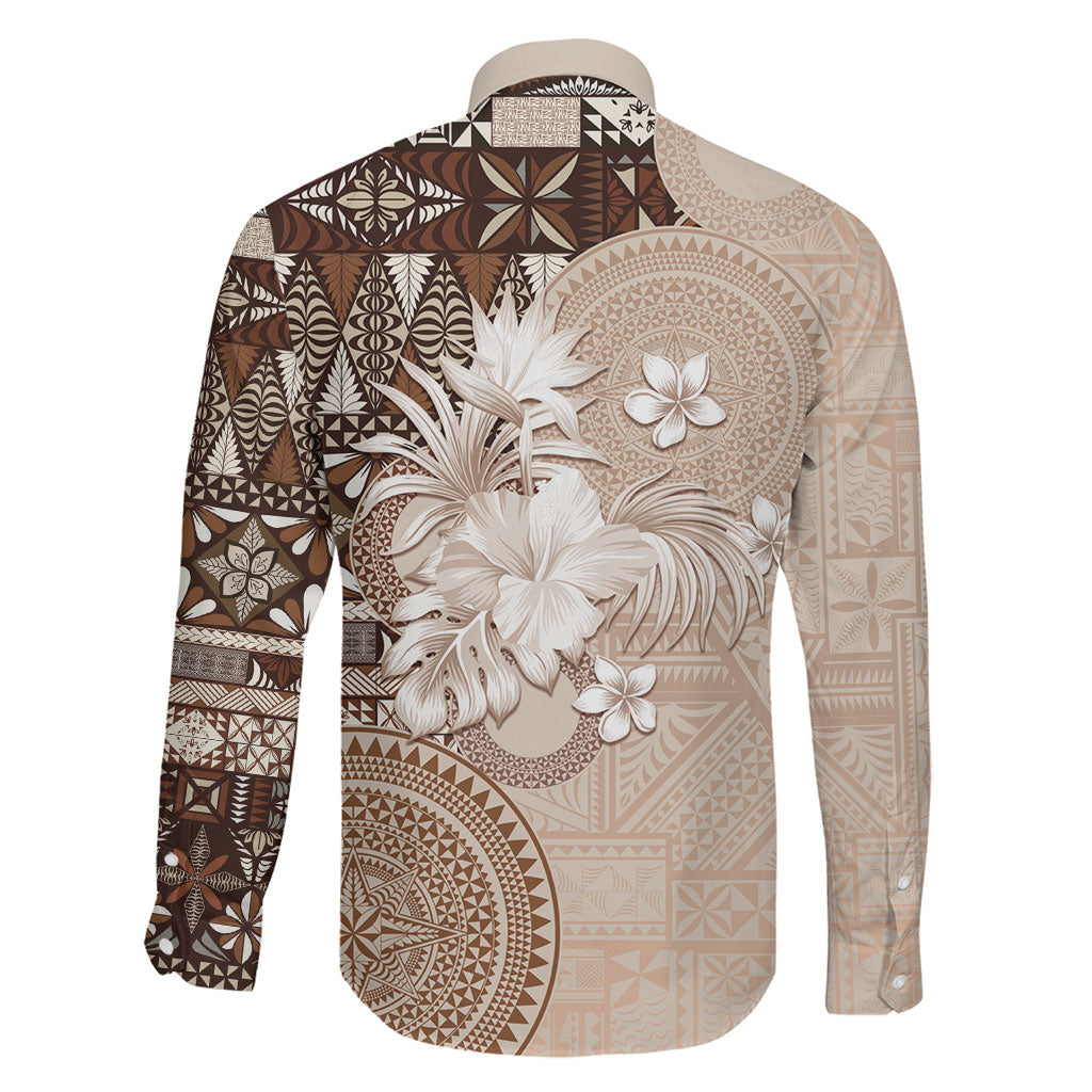 Tonga Ngatu Motifs Family Matching Short Sleeve Bodycon Dress and Hawaiian Shirt With Coat Of Arms Beige LT05 - Polynesian Pride