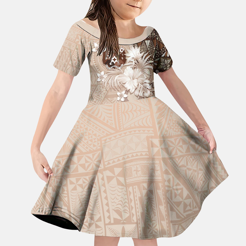 Tonga Ngatu Motifs Family Matching Summer Maxi Dress and Hawaiian Shirt With Coat Of Arms Beige LT05 Daughter's Dress Beige - Polynesian Pride