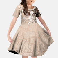 Tonga Ngatu Motifs Family Matching Tank Maxi Dress and Hawaiian Shirt With Coat Of Arms Beige LT05 Daughter's Dress Beige - Polynesian Pride