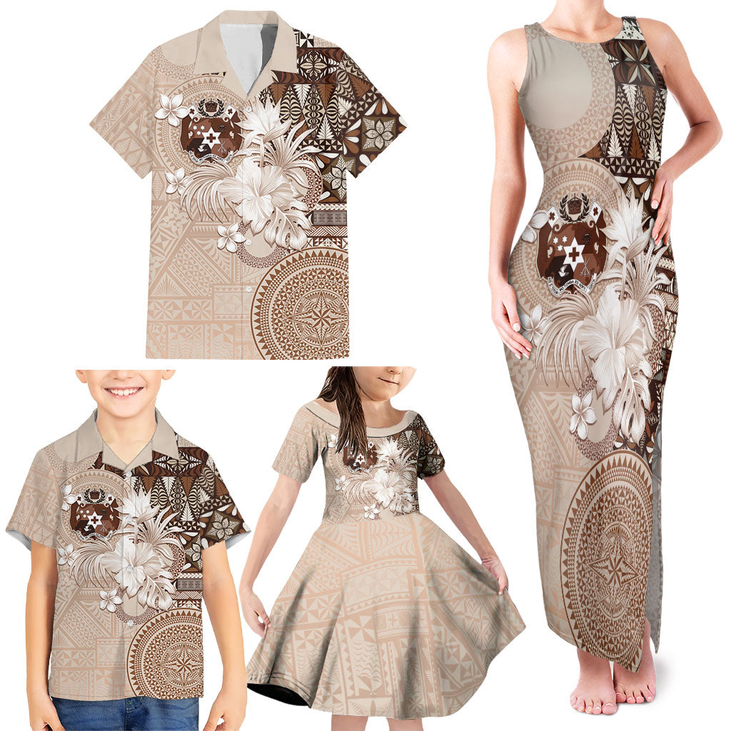 Tonga Ngatu Motifs Family Matching Tank Maxi Dress and Hawaiian Shirt With Coat Of Arms Beige LT05 - Polynesian Pride